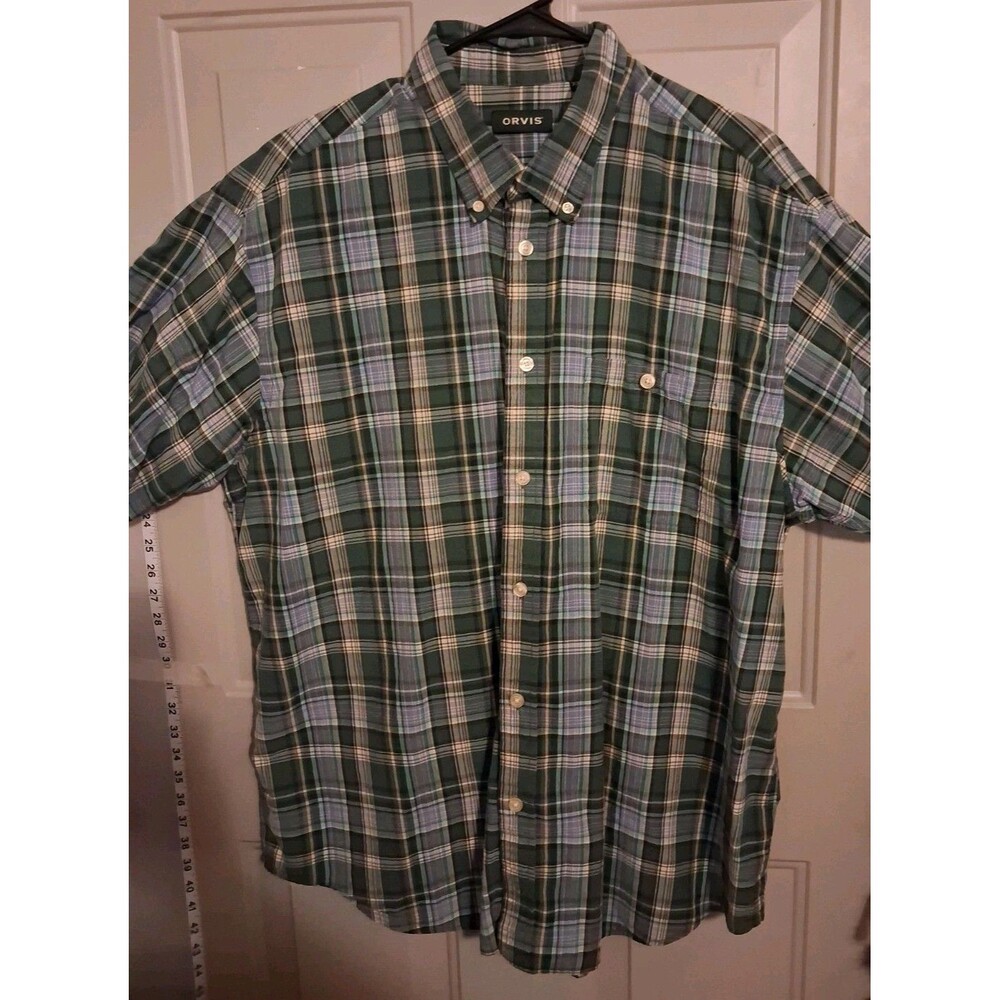 Orvis Men's XXL Plaid Button Up Shirt Cotton Green Blue White Short Sleeve